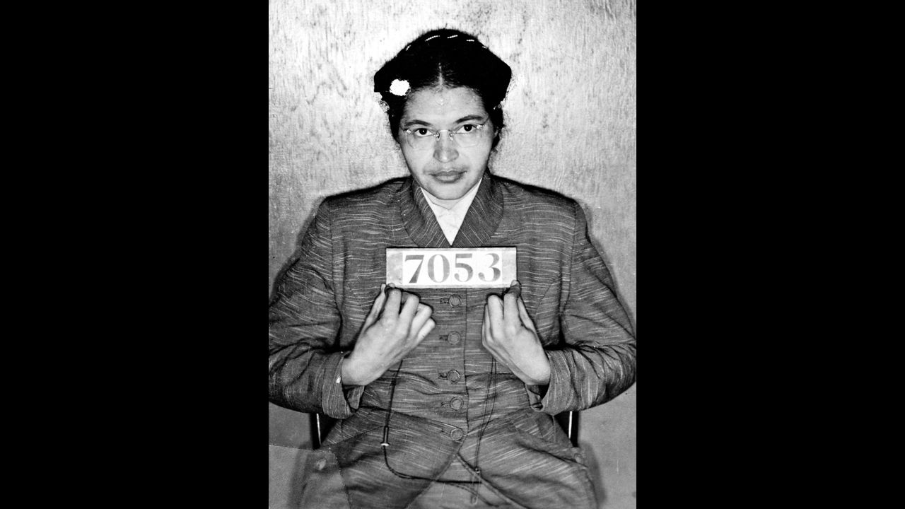 Parks' booking photo. Her activism and arrest served as a rallying point in the civil rights movement.