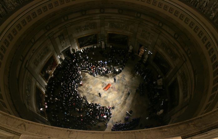 Parks' casket lies in honor at the U.S. Capitol in October 2005. She was the first woman and the second African-American <a href="index.php?page=&url=http%3A%2F%2Fhistory.house.gov%2FInstitution%2FLie-In-State%2FLie-In-State%2F" target="_blank" target="_blank">to lie in honor in the Capitol Rotunda.</a>
