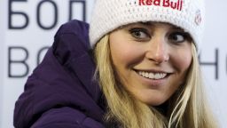 Olympic champion Lindsey Vonn smiles after a press conference following the Women's World Cup Downhill, on February 18, 2012 at the Rosa Khutor Mountain Resort in Krasnaya Polyana near Sochi. Vonn won a fifth consecutive women's World Cup downhill globe by finishing third in the race.  AFP PHOTO / FABRICE COFFRINI        (Photo credit should read FABRICE COFFRINI/AFP/Getty Images)