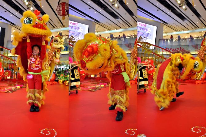 Following the opening ritual, a sequence of open-closed footwork begins -- dancers jump up and down alternating open legs and closed legs. This is demonstrated admirably here (left) by Chiu Po Ying, age nine.<br /><br />Then, the lion will playfully chase its own tail -- or another lion's tail if there are two lions. This step (pictured middle and right) demonstrates the happiness and energy of the lion.