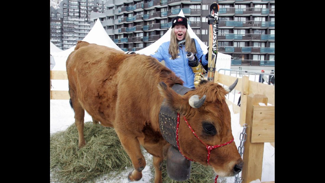 Kildow poses with her trophy, a cow, in Val d'Isere, France, after winning her second World Cup in the women's downhill event on December 17, 2005.
