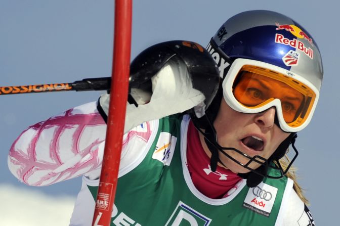Vonn competes in the women's slalom first run on March 13, 2009, at the Ski World Cup finals in Are, Spain.