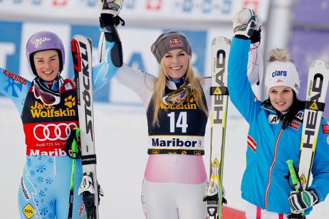 From left, Tina Maze of Slovenia who came in second, Vonn who took first, and Anna Fenninger of Austria who took third celebrate after the Audi FIS Alpine Ski World Cup for women's giant slalom on January 26, 2013, in Maribor, Slovenia. 