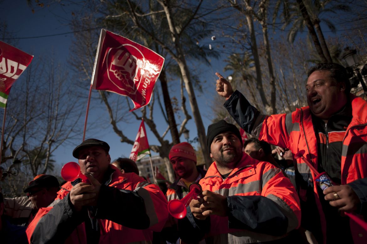 Sanitation workers protest austerity cuts in Seville on February  4.