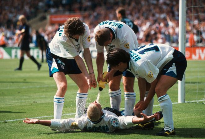 Gascoigne's celebrations after a famous goal against Scotland in Euro 96 mimicked an earlier infamous drinking incident.