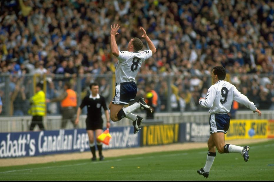 Gascoigne goes airborne after scoring a stunning goal in Tottenham's 1991 FA Cup semifinal win over Arsenal 