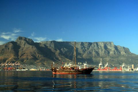 The replica boat is seen here arriving in Cape Town, South Africa. The crew battled everything from six-meter waves to pirates during the incredible journey.
