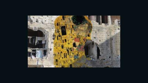 "Freedom Graffiti," by Syrian artist Tammam Azzam, features Klimt's "The Kiss" superimposed over a destroyed Syrian building.