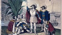 02 Jan 1754: 11th October 1492, Italian-Spanish explorer Christopher Columbus (1451 -1506) landing in America. Original Artwork: Engraving by Nathaniel Currier.