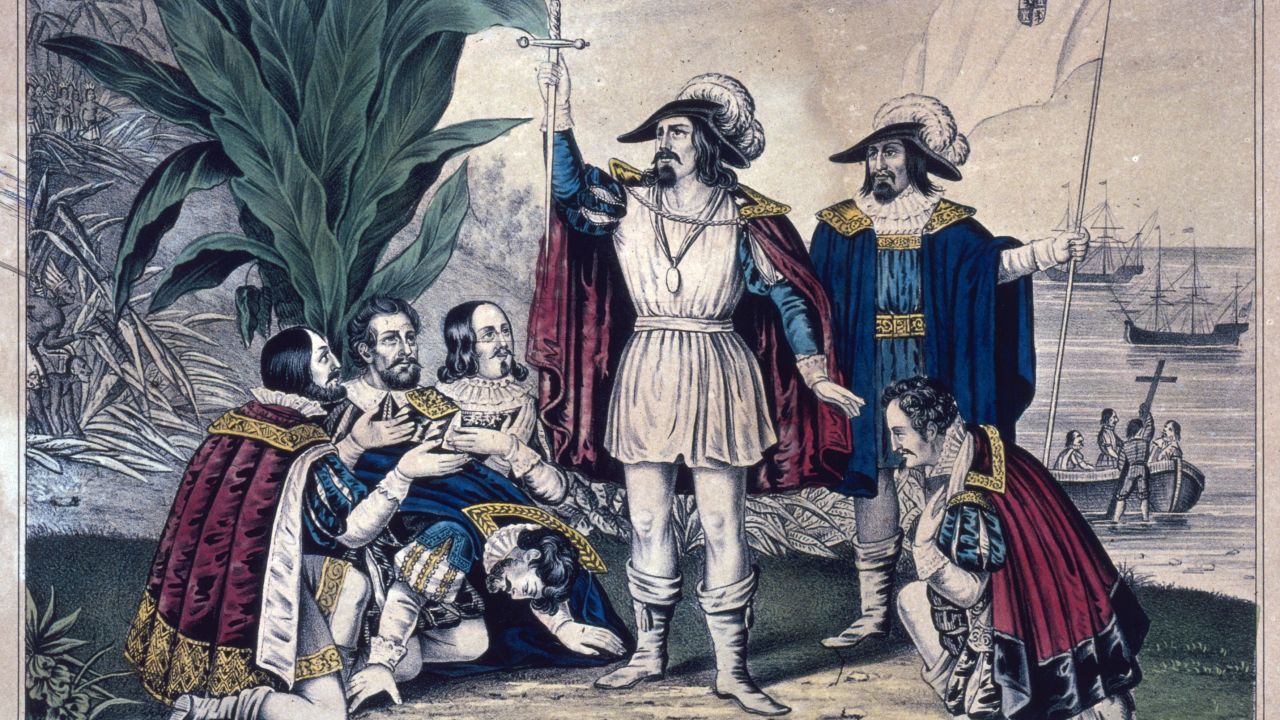 Italian-Spanish explorer Christopher Columbus is depicted landing in the New World in October 1492.