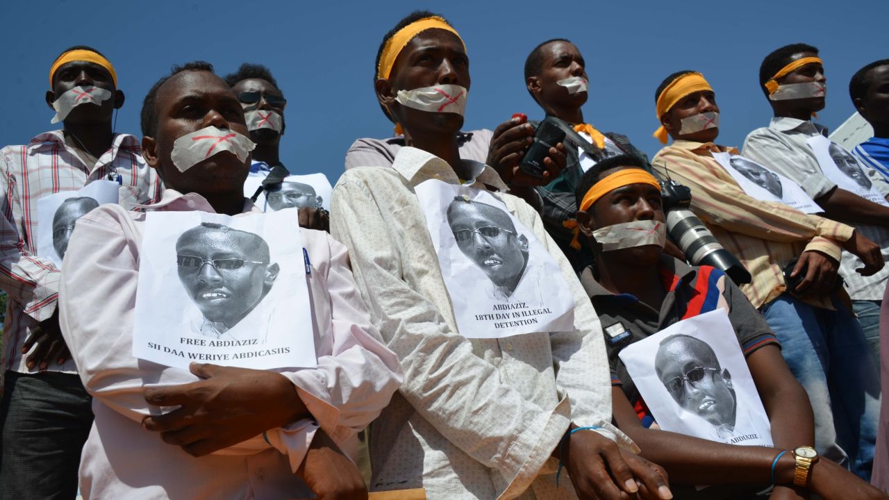 Somali journalists protest against the arrest of  Abdiaziz Abdinor Ibrahim, January, 27, 2013, Mogadishu.