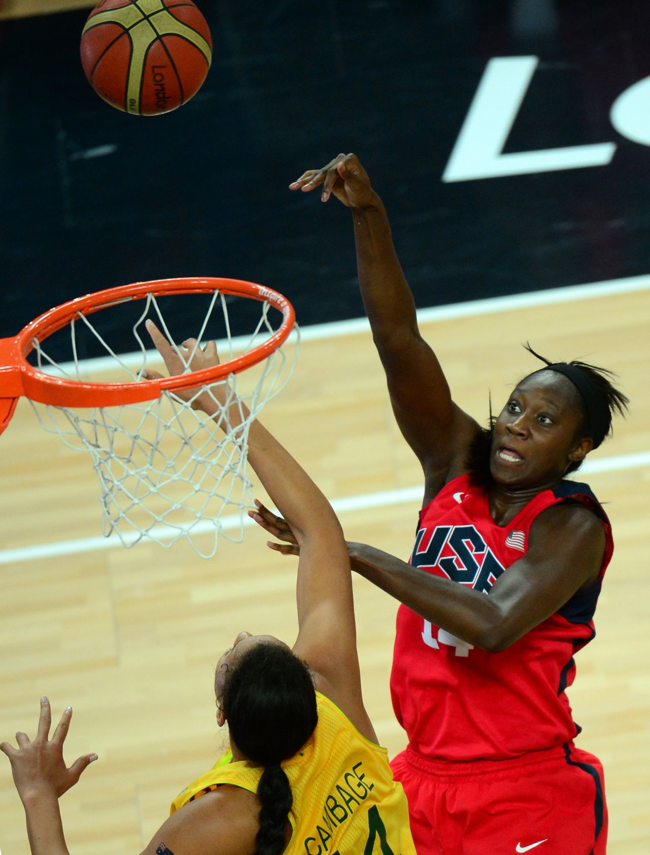 Center Tina Charles takes a shot during the London 2012 Olympic Games women's semifinal game against Australia. The U.S. won 86-73. 