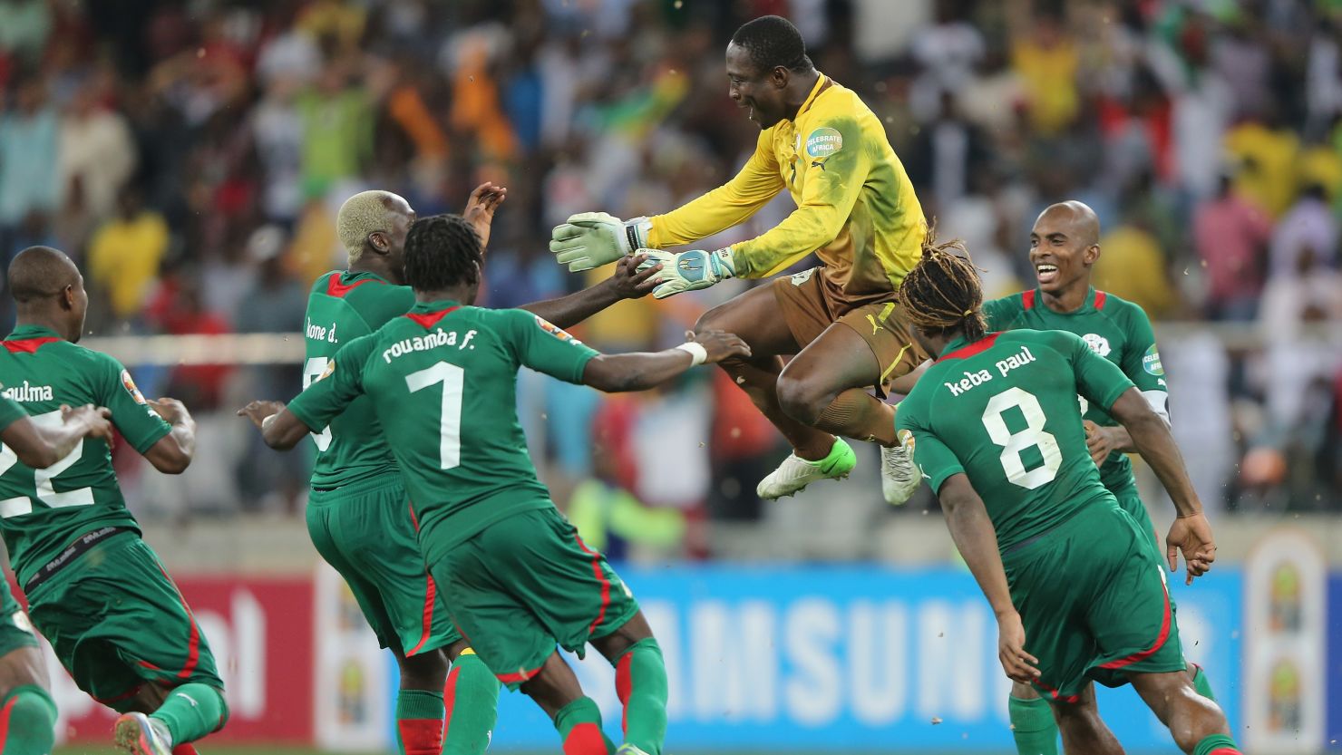 Burkina Faso's players celebrate their victory over Ghana in the semifinal at the Africa Cup of Nations