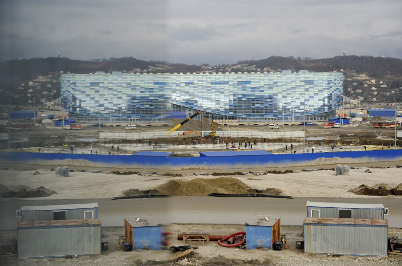 Down in the city itself, work is still being completed outside the "Iceberg" Skating Palace -- seen here on January 22.
