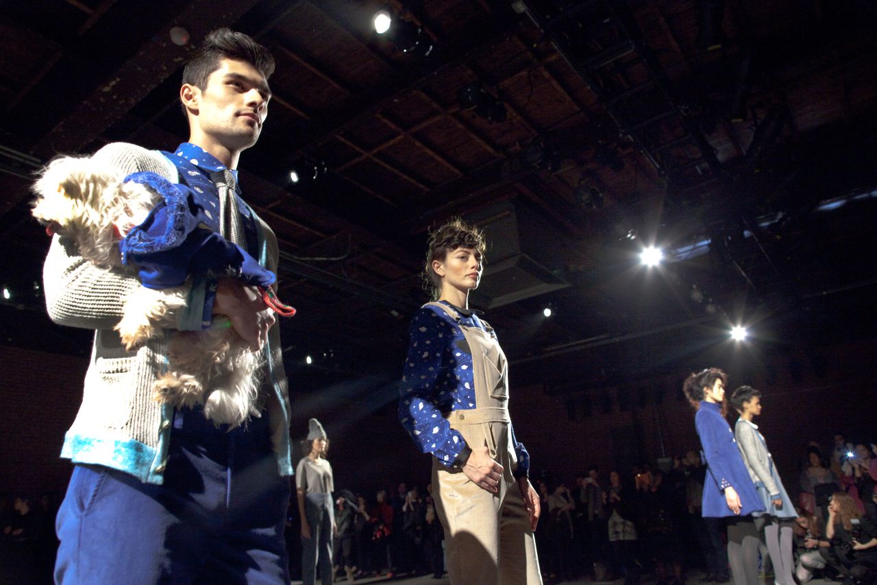 Billed as the first all vegan fashion label to present at New York Fashion Week, Vaute Couture held a solo show on Wednesday. Models took to the risers holding rescue dogs available for adoption.
