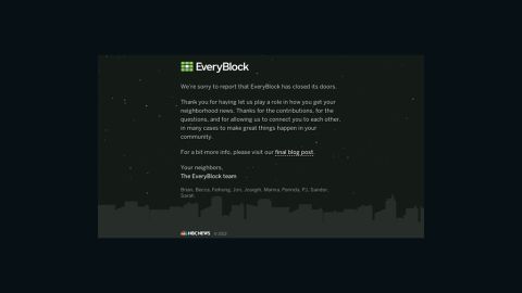EveryBlock was launched in 2008 in Chicago, focusing on hyperlocal news.