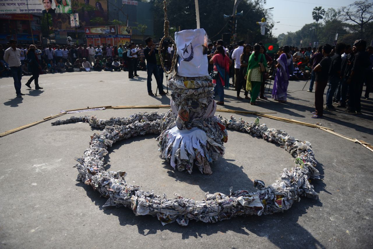 An effigy of a snake in a demonstration demanding the death sentence for the country's war criminals in Dhaka on February 6.