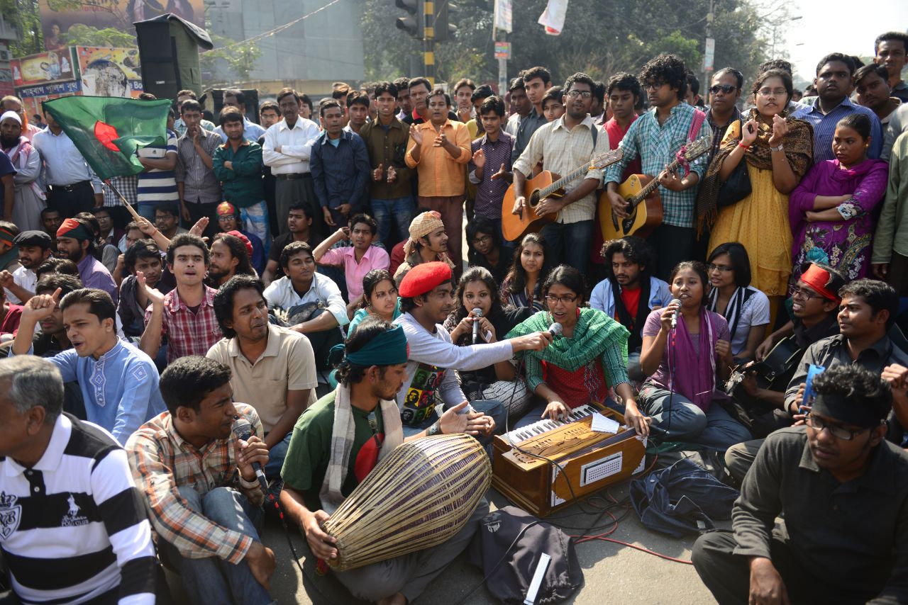 Bangladeshi social activists and bloggers demonstrate in Dhaka on February 6.