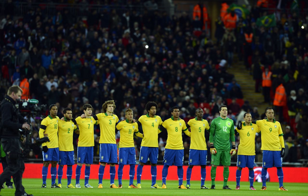 Brazil captain David Luiz, fourth from the left, is confident La Selecao can win the World Cup when it is staged in the South American country for just the second time next year.