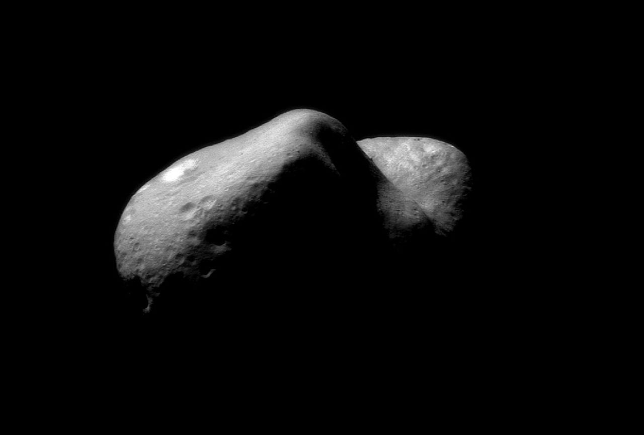 If you really want to know about asteroids, you need to see one up close. NASA did just that. A spacecraft called NEAR-Shoemaker, named in honor of planetary scientist Gene Shoemaker, was the first probe to touch down on an asteroid, landing on the asteroid Eros on February 12, 2001. This image was taken on February 14, 2000, just after the probe began orbiting Eros.