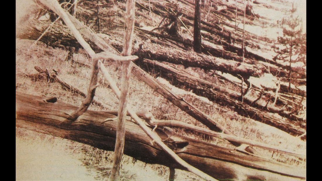 In 1908 in Tunguska, Siberia, scientists theorize an asteroid flattened about 750 square miles (1,200 square kilometers) of forest in and around the Podkamennaya Tunguska River in what is now Krasnoyarsk Krai, Russia.