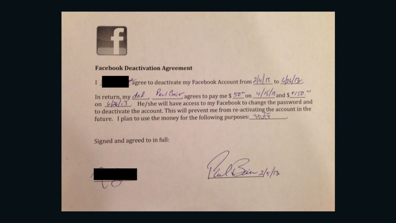 Here's the agreement between Paul Baier and his 14-year-old daughter, who he's paying $200 to quit Facebook for five months.