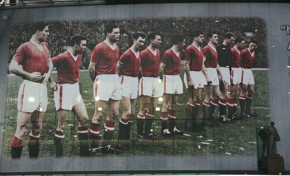 This giant mural outside Old Trafford next to the statue of Busby depicts the United team lining up at their European Cup game with Red Star Belgrade before the disaster at Munich airport on February 6, 1958. Their legacy will never be forgotten. 