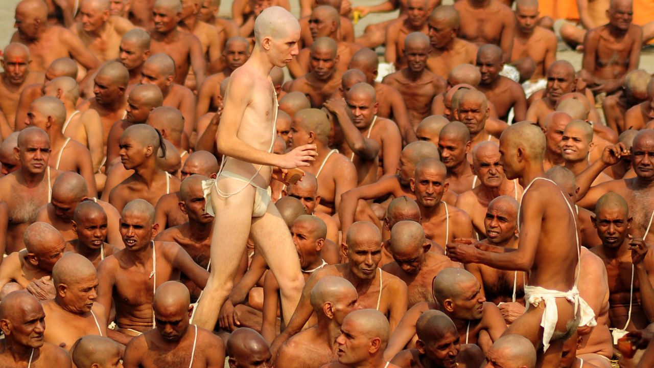 Naga Sadhus perform rituals on the bank of the Ganges River on January 30.