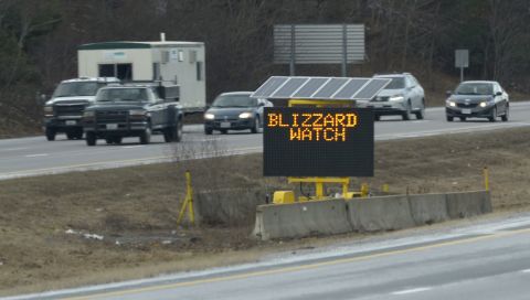 A sign warns drivers along Interstate 495 of a blizzard watch in Franklin, Massachusetts, on Thursday, February 7. 