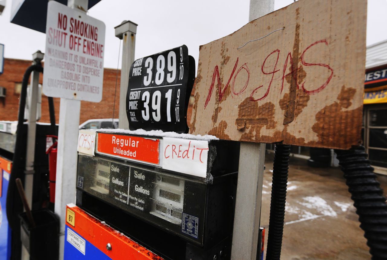 A sign bears bad news on a fuel pump in Manhasset, New York, on February 8.