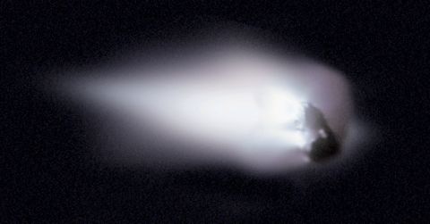 In 1986, the European spacecraft Giotto became one of the first spacecraft to encounter and photograph the nucleus of a comet. This photo shows Comet Halley's nucleus. The debris from the nucleus creates the trail of debris responsible for the Orionids meteor shower each October and the Eta Aquariids in May.