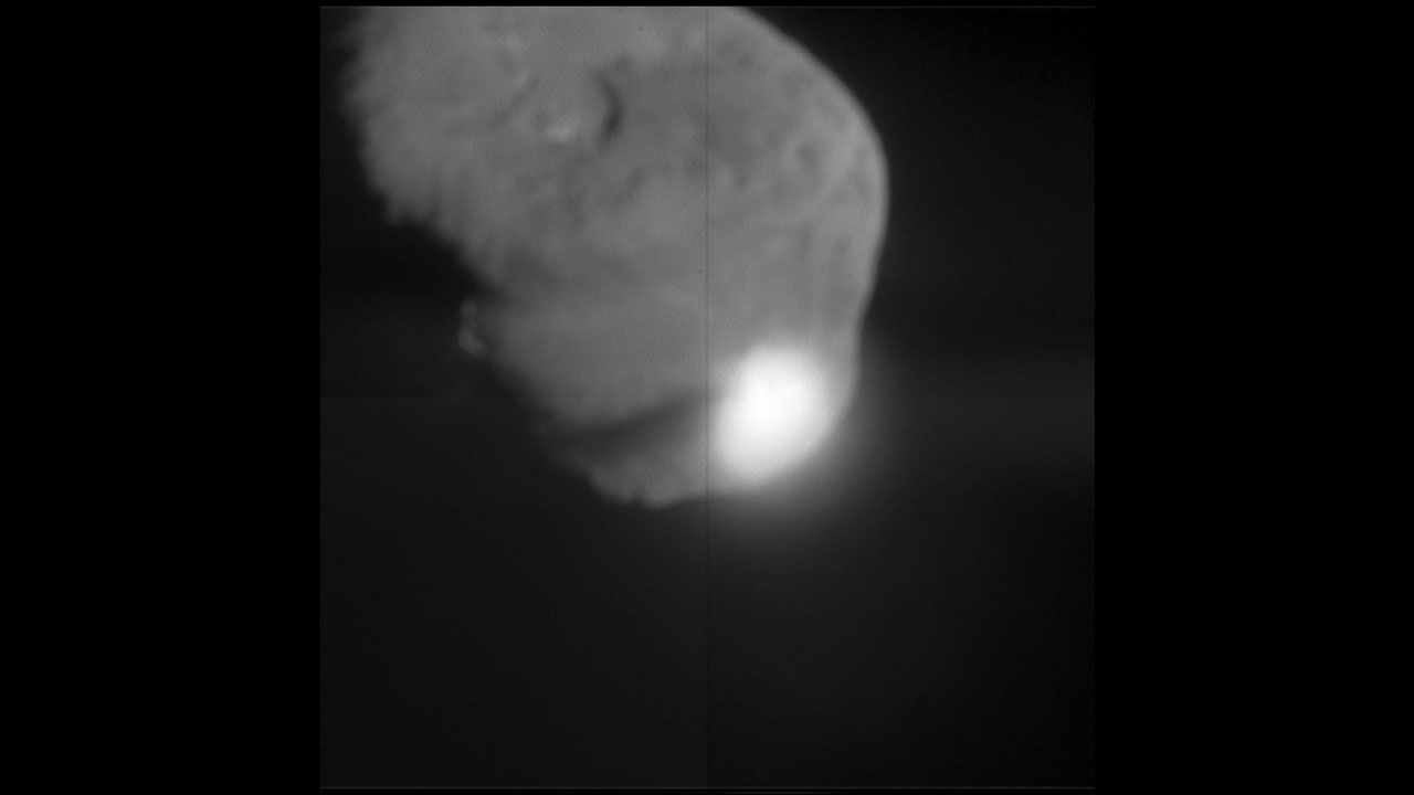 On July 3, 2005, NASA's Deep Impact fly-by spacecraft dropped its "impactor" probe into the path of Comet Tempel 1. There was a bright flash as the probe hit the comet. The images were beamed around the world in near real time on NASA TV and over the Internet. Orbiting telescopes watched from space and astronomers on the ground captured images, too.
