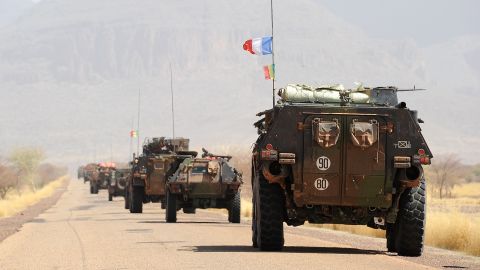 A convoy of French army vehicles head toward Gao, Mali on February 7.
