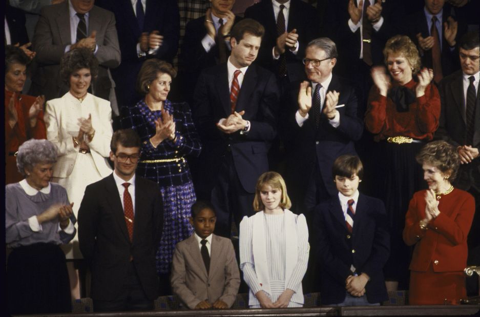 First lady Nancy Reagan, lower right, claps for the special young guests at President Ronald Reagan's 1986 State of the Union address. To her right are Trevor Ferrell, Shelby Butler, Tyrone Ford and Richard Cavoli. Reagan honored Ferrell, who was barely a teenager, for working with the homeless. Butler, also in her early teens, was honored for saving a fellow student. Ford was recognized for his musical accomplishments. Cavoli's experiment was aboard the space shuttle Challenger.