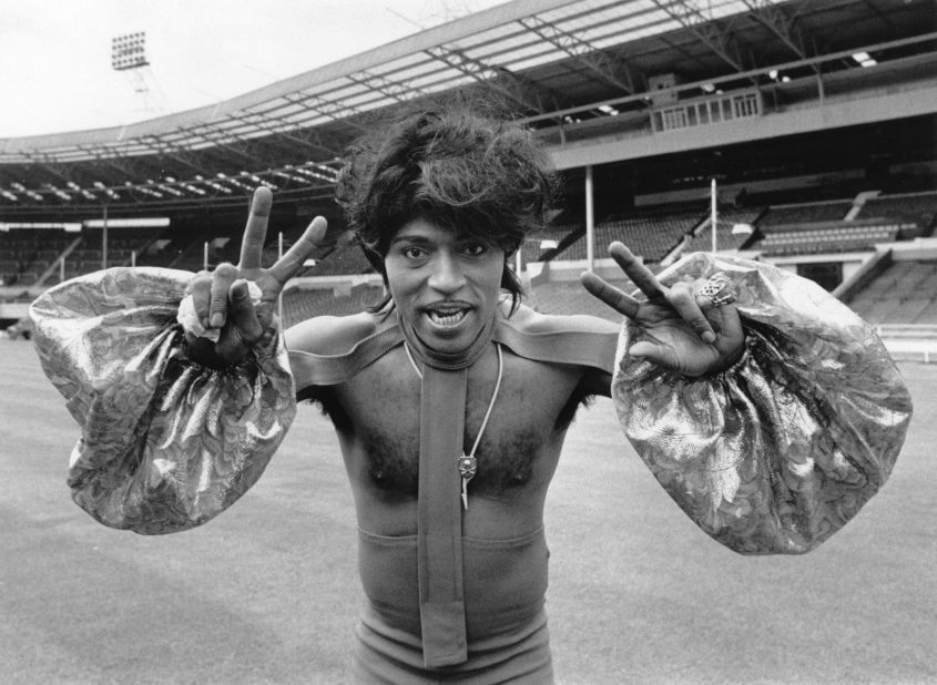 Rock 'n' roll legend Little Richard appears in costume at an empty Wembley Stadium in London during rehearsals for a concert in 1972. Little Richard (real name Richard Penniman) had his big hits, such as "Good Golly, Miss Molly," before the Grammy Awards were created in 1959. He was awarded a lifetime achievement Grammy in 1993.
