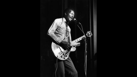 Chuck Berry performs at the  Birmingham Odeon in England on May 6, 1977.