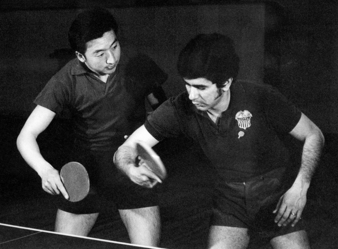 An American table tennis player, right, trains with a Chinese player in Beijing in 1971 during what was called "ping-pong diplomacy." 