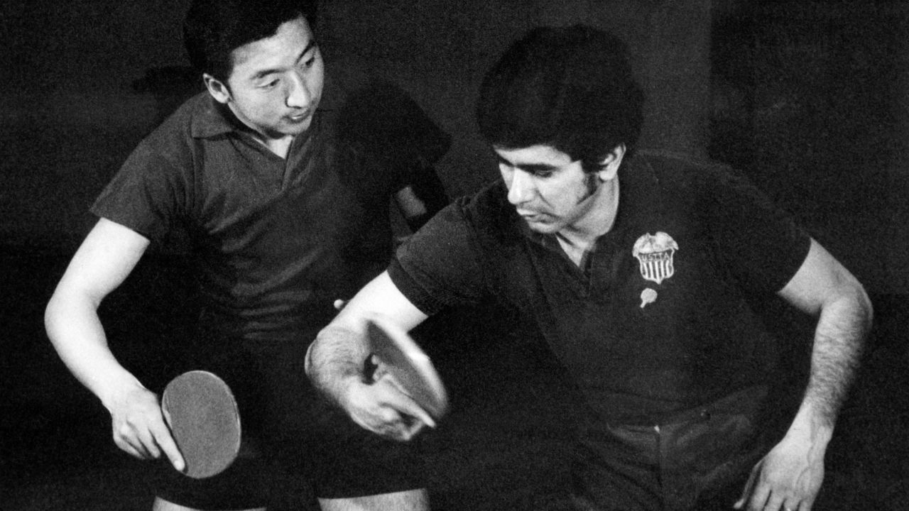 An American table tennis player, right, trains with a Chinese player in Beijing in 1971 during what was called "ping-pong diplomacy." 