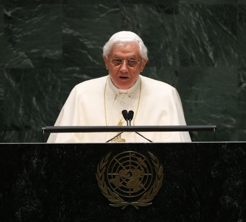 Benedict speaks at the United Nations General Assembly in New York in April 2008. 