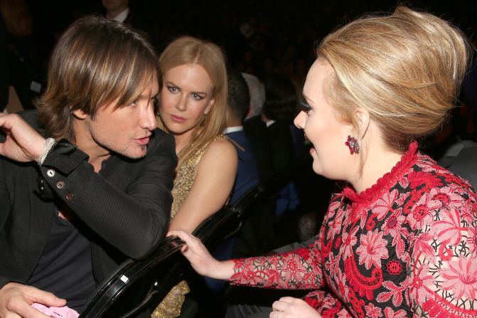 Keith Urban to Adele: "You're telling me you just blast your 'do with this hairpray on Mondays, and it stays put all week? See, that's what I need!"<br />Nicole Kidman to herself: "Please, God. No."