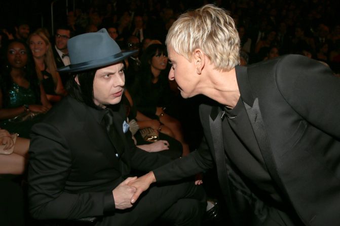 Jack White: "Ellen, what did you do with the hat, tie and pocket square I sent you? I thought we were going to be twinsies?"<br />Ellen DeGeneres: "Next time, dude. I swear."