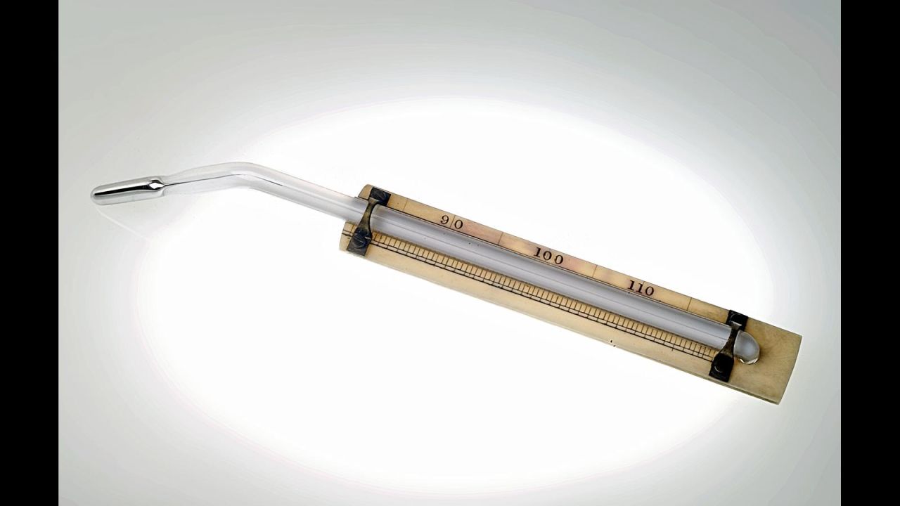 While Galileo is frequently credited as the inventor of the thermometer, it wasn't until the mid-1800s (the era of the one pictured) that doctors were able to use thermometers to measure people's temperatures. Before that thermometers were not only large and cumbersome, but they also were not able to diagnose actual temperature grades. In 1866, a convenient 6-inch thermometer was  invented. The early varieties were made of thin tubes of glass with mercury, and were mounted to ivory or wood. 