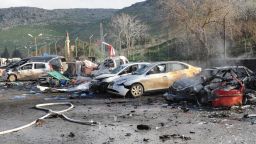 The remains of cars are pictured on February 11, 2013 at the Cilvegozu border crossing between Turkey and Syria on July 20, 2012 in Hatay, after nine people were killed and dozens wounded when a car exploded, damaging 15 humanitarian aid vehicles nearby. 