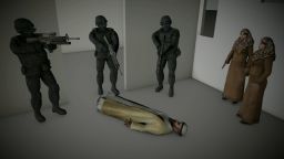 Animation still of the raid that killed Osama Bin Laden. Shows Navy SEALs standing over OBL's body. Osama bin Laden. Bin Laden. OBL.