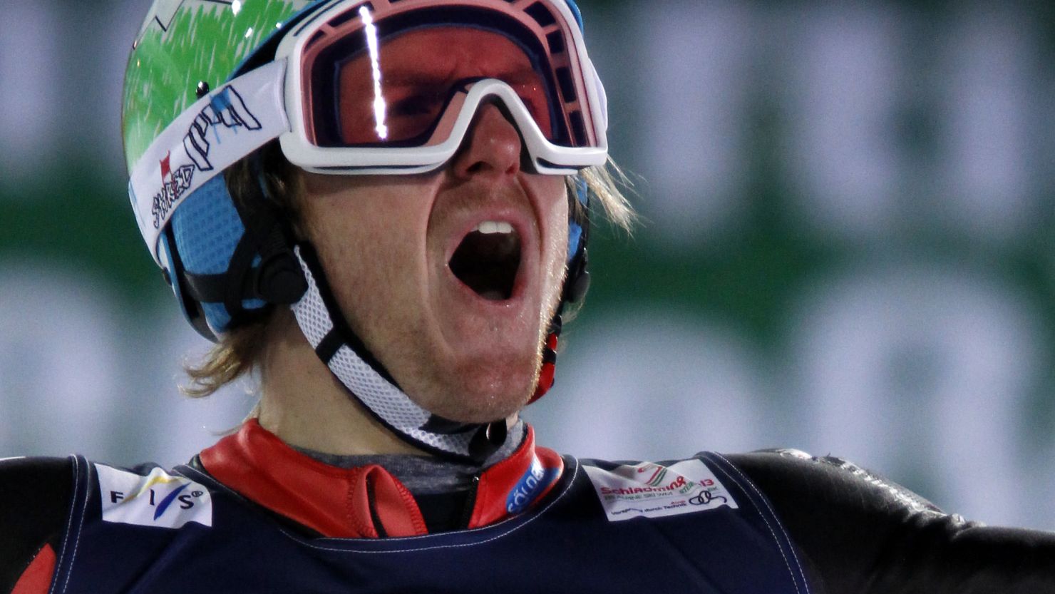 Ted Ligety celebrates his second gold medal of the world skiing championships after victory in the super combined.