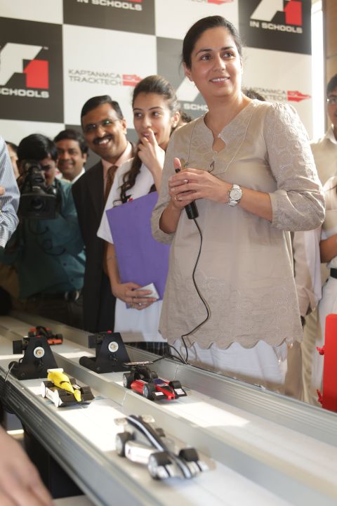 Kaltenborn, seen here at a school in Delhi, India, is involved in the FIA's F1 In Schools project, which teaches students about all roles in motorsport from engineering to marketing to finance.