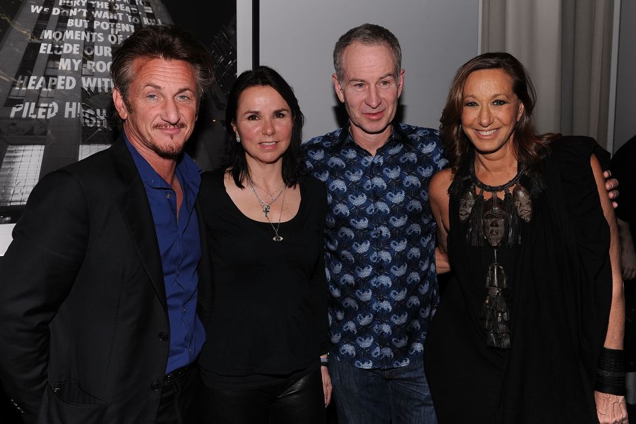 "Sean Penn. He played high school tennis and we seem to be cut from the same cloth."  The actor, far left, is pictured with McEnroe, the tennis star's wife Patty Smyth (2nd left) and Donna Karan at a Haiti relief fundraiser in 2011. 