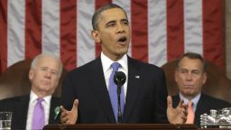 WASHINGTON, DC - FEBRUARY 12:  U.S. President Barack Obama, flanked by Vice President Joe Biden and House Speaker John Boehner (R-OH), gestures as State of the Union address during a jointhe gives his session of Congress on Capitol Hill on February 12, 2013 in Washington, D.C. Facing a divided Congress, Obama focused his speech on new initiatives designed to stimulate the U.S. economy. (Photo by Charles Dharapak-Pool/Getty Images)