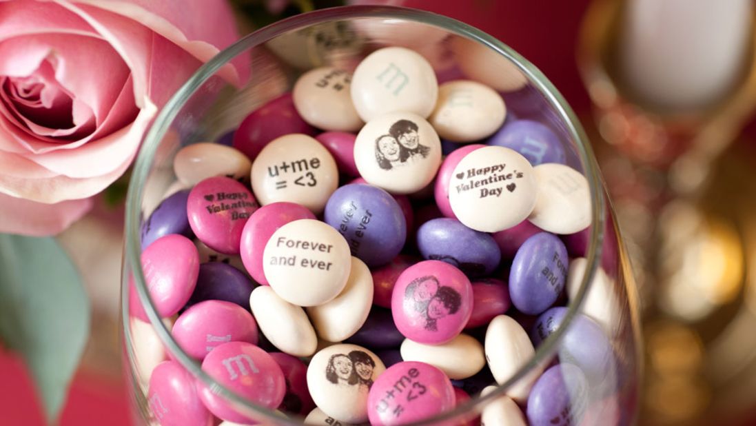 If you struggle to communicate your through chalky heart candy, try baring your soul with personalized M&Ms.