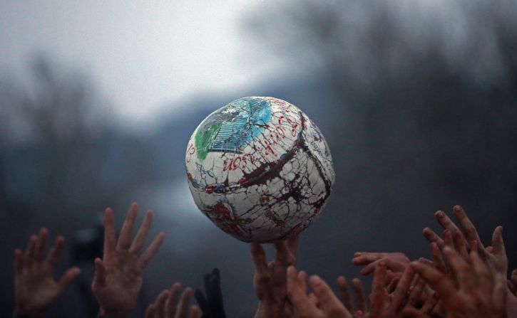 The leather balls are hand painted by local craftsmen especially for the occasion. <br />The design is usually related to the dignitary who will be 'turning-up' the ball,<br />with a different design each year. Its inside is made of cork, enabling it to float if the battle reaches the river.